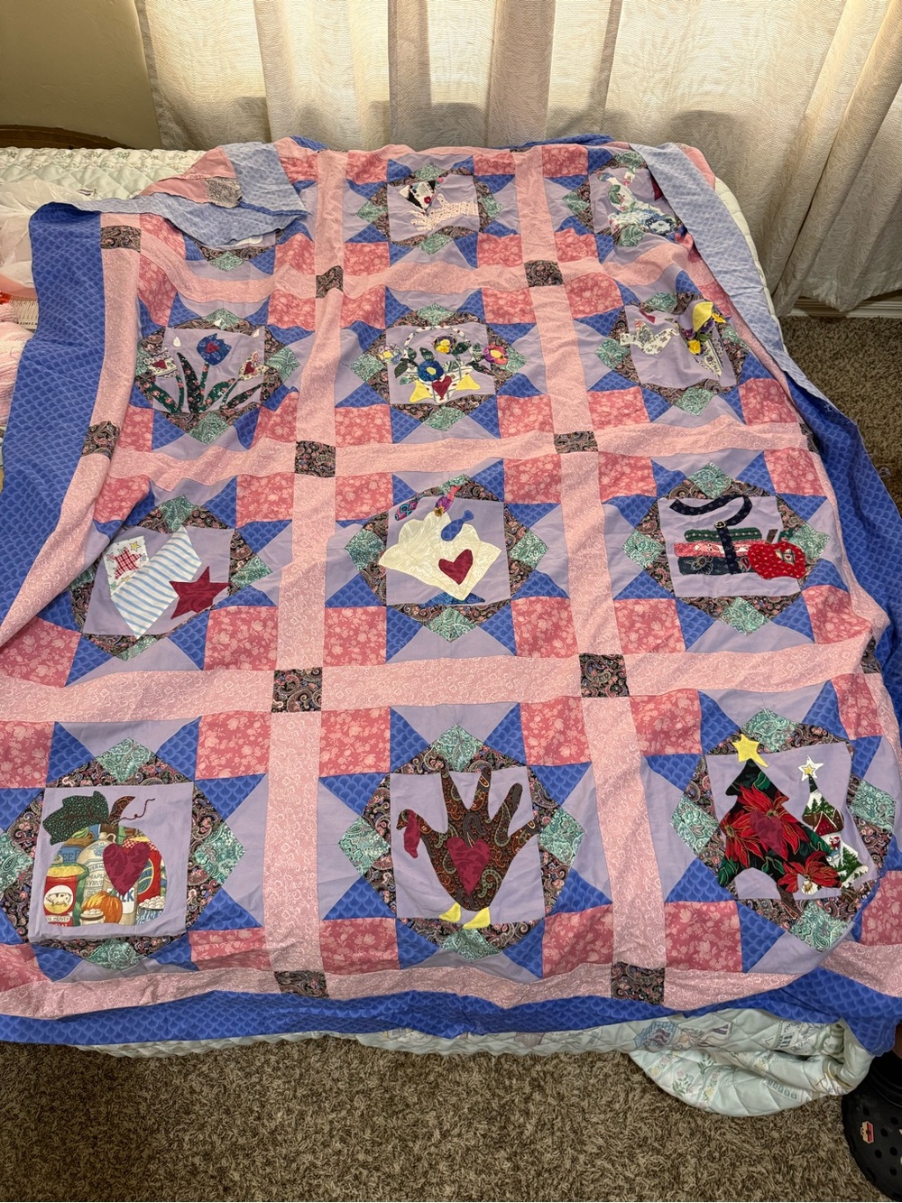 Handmade Pink and Blue Patchwork Quilted Top - Floral & Appliqué Motifs